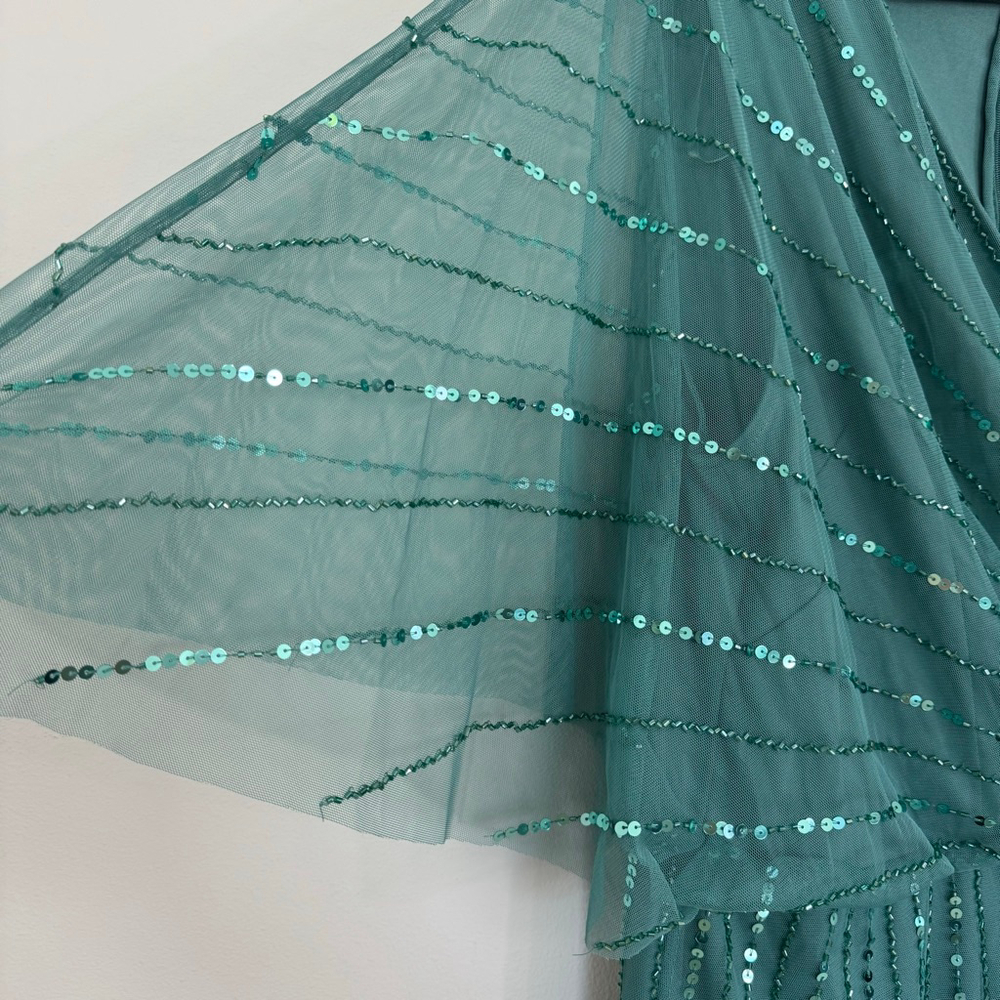 ADRIANNA PAPELL STUDIO Sequin Beaded Flutter Sleeve Cocktail Dress Green Size 20 - Picture 7 of 10